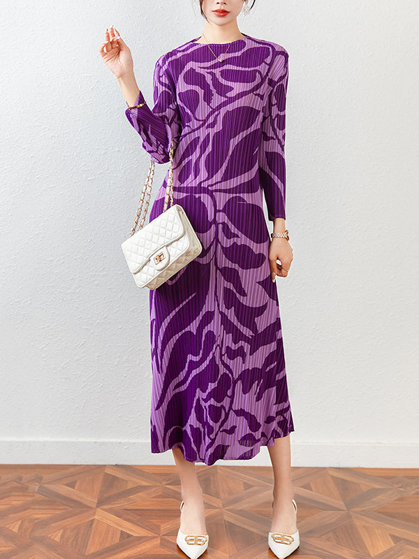 Fashion Floral Printed Pleated Long Sleeves Midi Dress