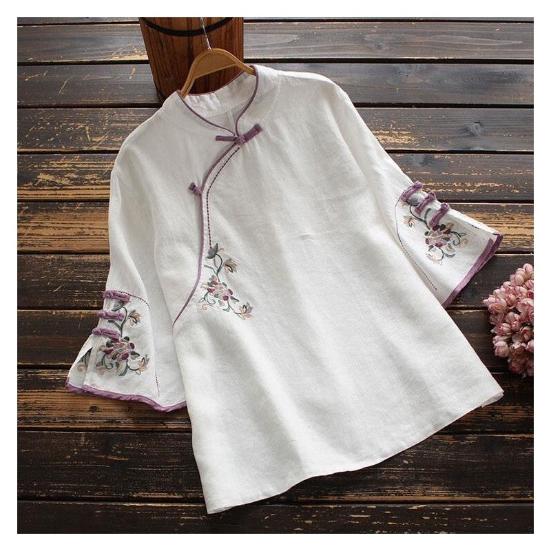 Chic Embroidered Mandarin Collar Cotton and Linen Tea Dress