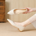 Women's Pointed Toe Chunky Heel Satin Flats – Elegant Slip-On Dress Shoes | Sarah Express