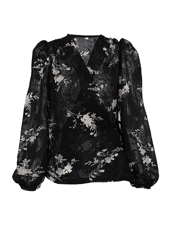 Loose Puff Sleeves Gauze Jacquard Lace-Up Pleated See-Through V-Neck Blouses&Shirts Tops