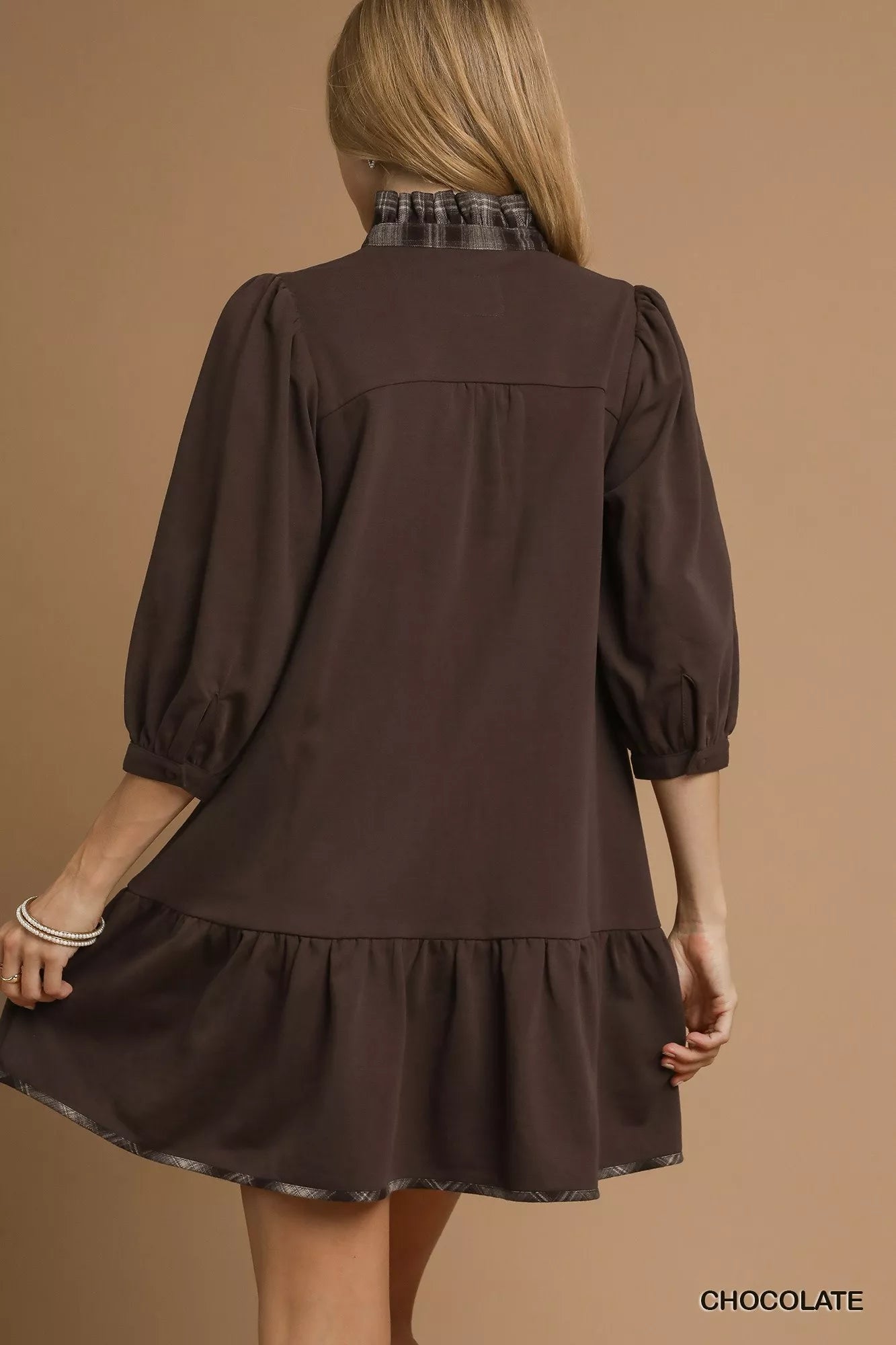 French Terry Ruffle Hem Dress with Plaid Trim