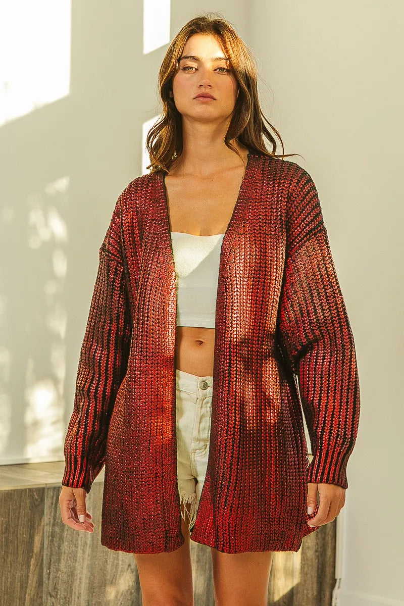 Metallic Knit V-neck Open Sweater Cardigan