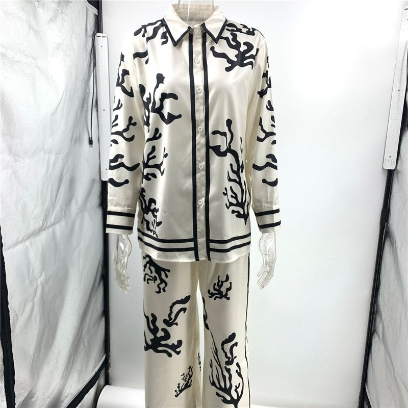 Chic Satin Color Block Printed Suit