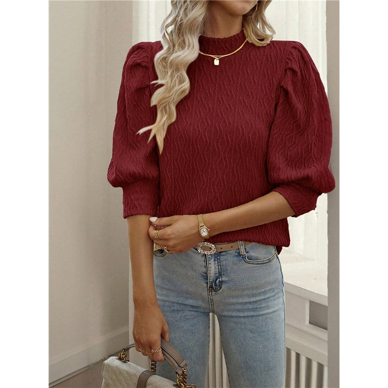 Solid Color Half Turtleneck Half Sleeve Pullover Blouse