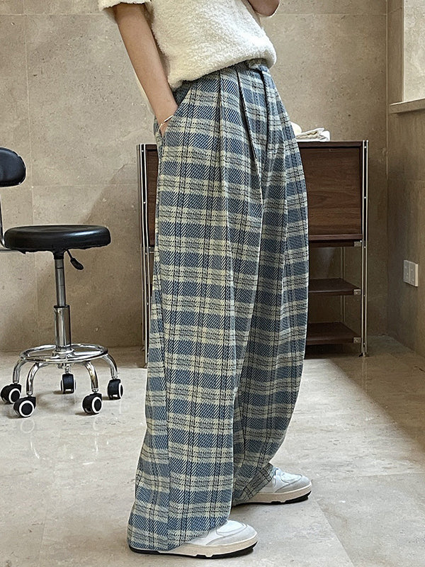 Vintage Wide Leg High-Waisted Pleated Plaid Pants