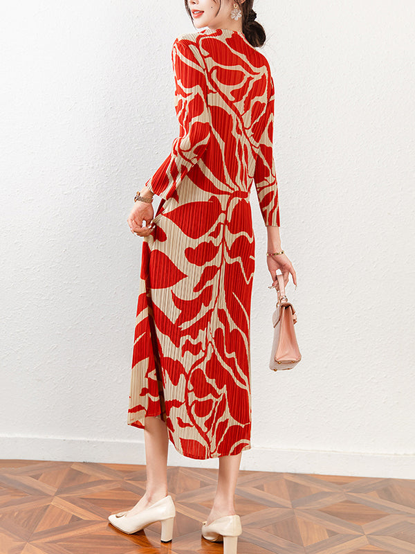 Fashion Floral Printed Pleated Long Sleeves Midi Dress