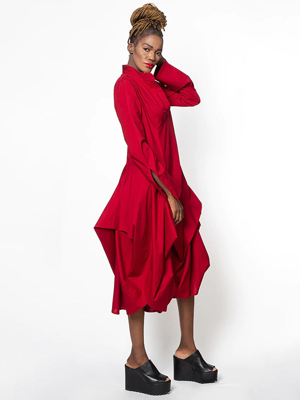 Chic Relaxed Fit Stand-Collar Long Sleeve Midi Dress