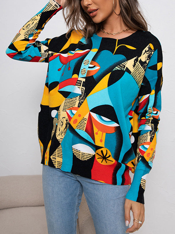 Long Sleeves Figure Printed Round-Neck Knitwear Pullovers Sweater Tops