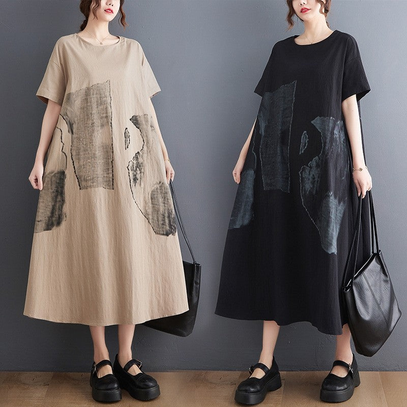 Loose-Fit Short Sleeve Printed Plus Size Midi Dress