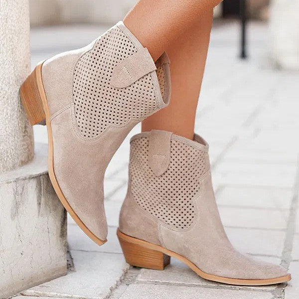 Women's Embossed Suede Mid-Heel Boots - Pointed Toe Slip-On Ankle Boots in Large Sizes