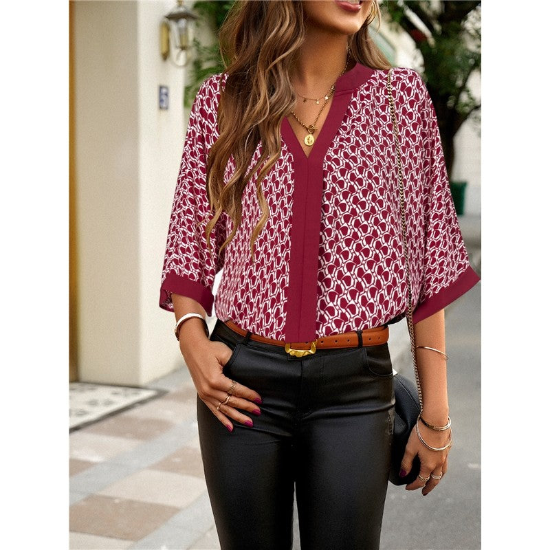 Contrast Color Half Sleeve Printing Pullover Blouse