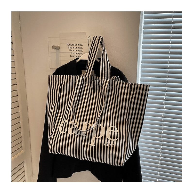 Striped Letter Canvas Tote Bag with Large Capacity