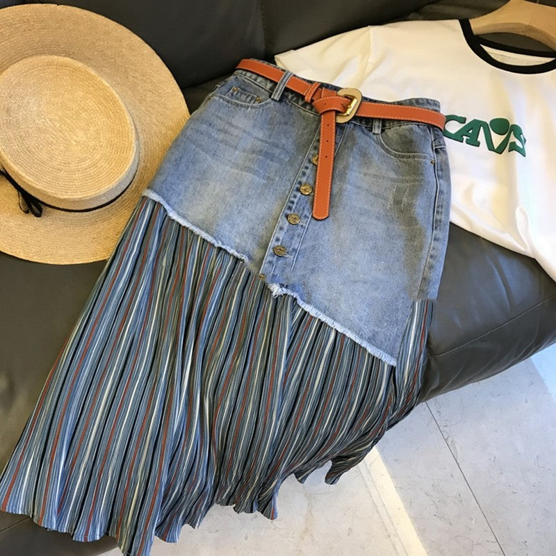 Denim Patchwork High Waisted A-Line Skirt