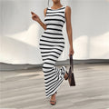 Colorblock Striped Sleeveless Maxi Dress with Crewneck and Back Hollow Detail