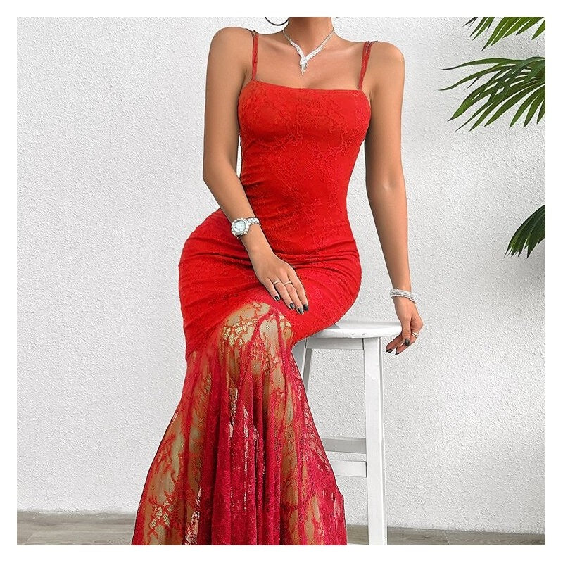 Stylish Lace Sling Dress in Solid Color