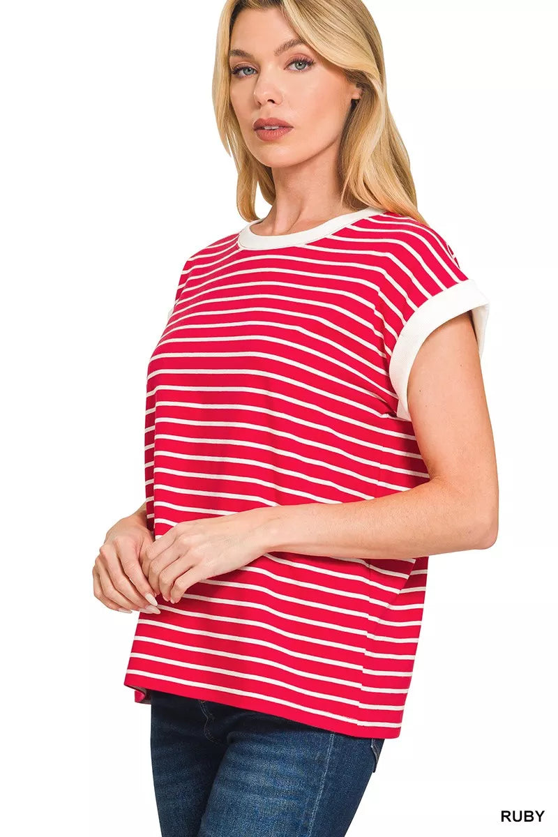 Full Size Contrast Trim Cap Sleeve Stripe Tee Plus Size