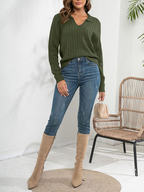 Long Sleeves Loose Solid Color Split-Joint Lapel Sweater Tops