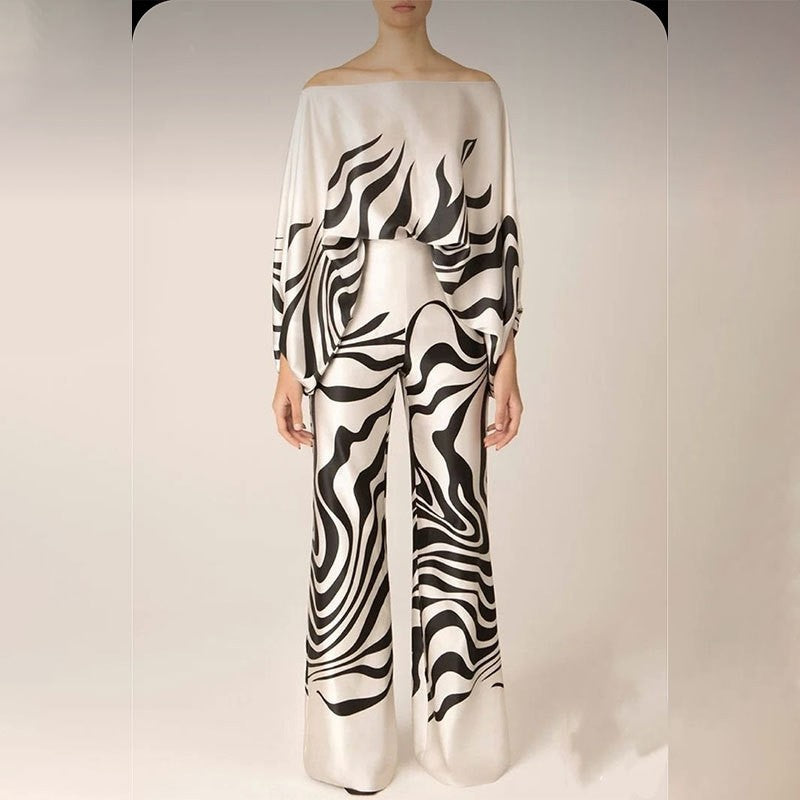 Printed Batwing Sleeve Top with Wide Leg Pants Set