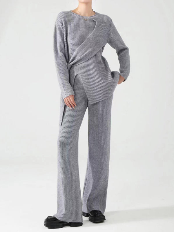 Loose Asymmetric Solid Color Split-Front Round-Neck Long Sleeves Sweater Top   Pants Bottom Two Pieces Set