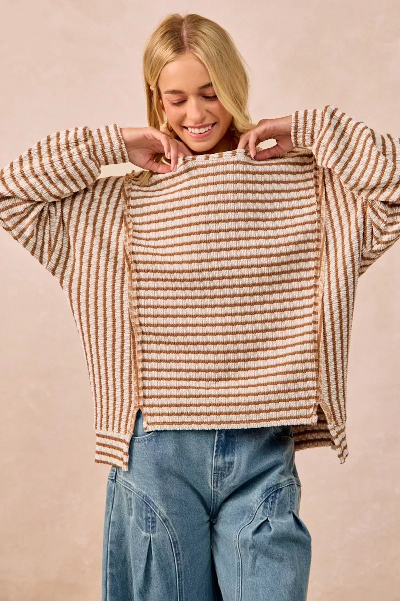Open Seam Detail Textured Stripe Knit Top