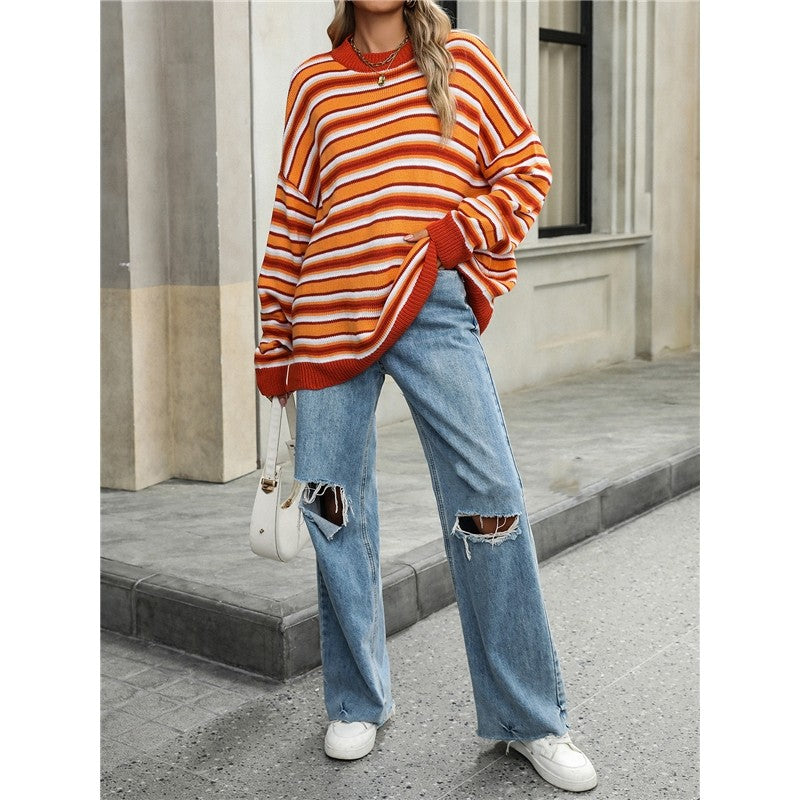Long Sleeve Crewneck Contrast Color Striped Casual Loose Knitted Sweater