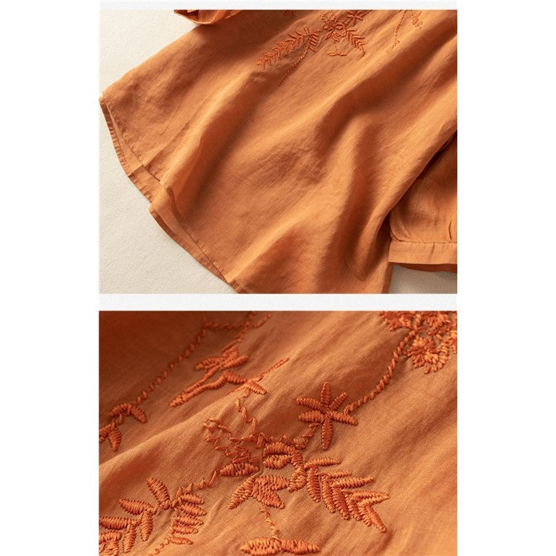 Women's Short Sleeve Cotton Linen Embroidered Lightweight Literary Pleated Blouse