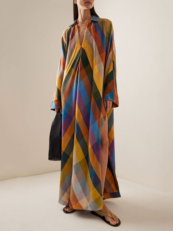 Long Sleeve Loose Contrast Color Split-Side V-Neck Maxi Dress