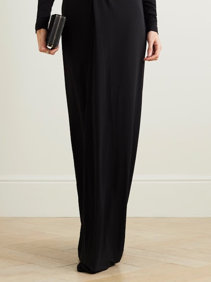 Solid Color Deep V-Neck Maxi Dress with Long Sleeves
