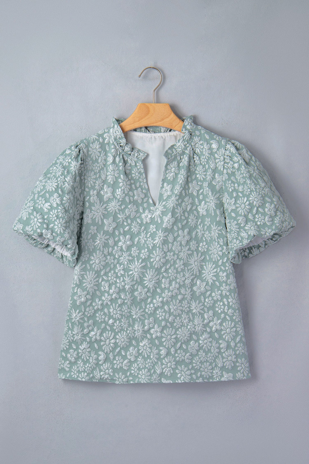 Iceland Blue Floral Textured Jacquard Puff Sleeve Blouse