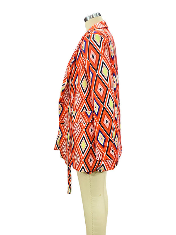 Long Sleeves Loose Buttoned Pockets Printed Notched Collar Blazer Top + Shorts Bottom Two Pieces Set