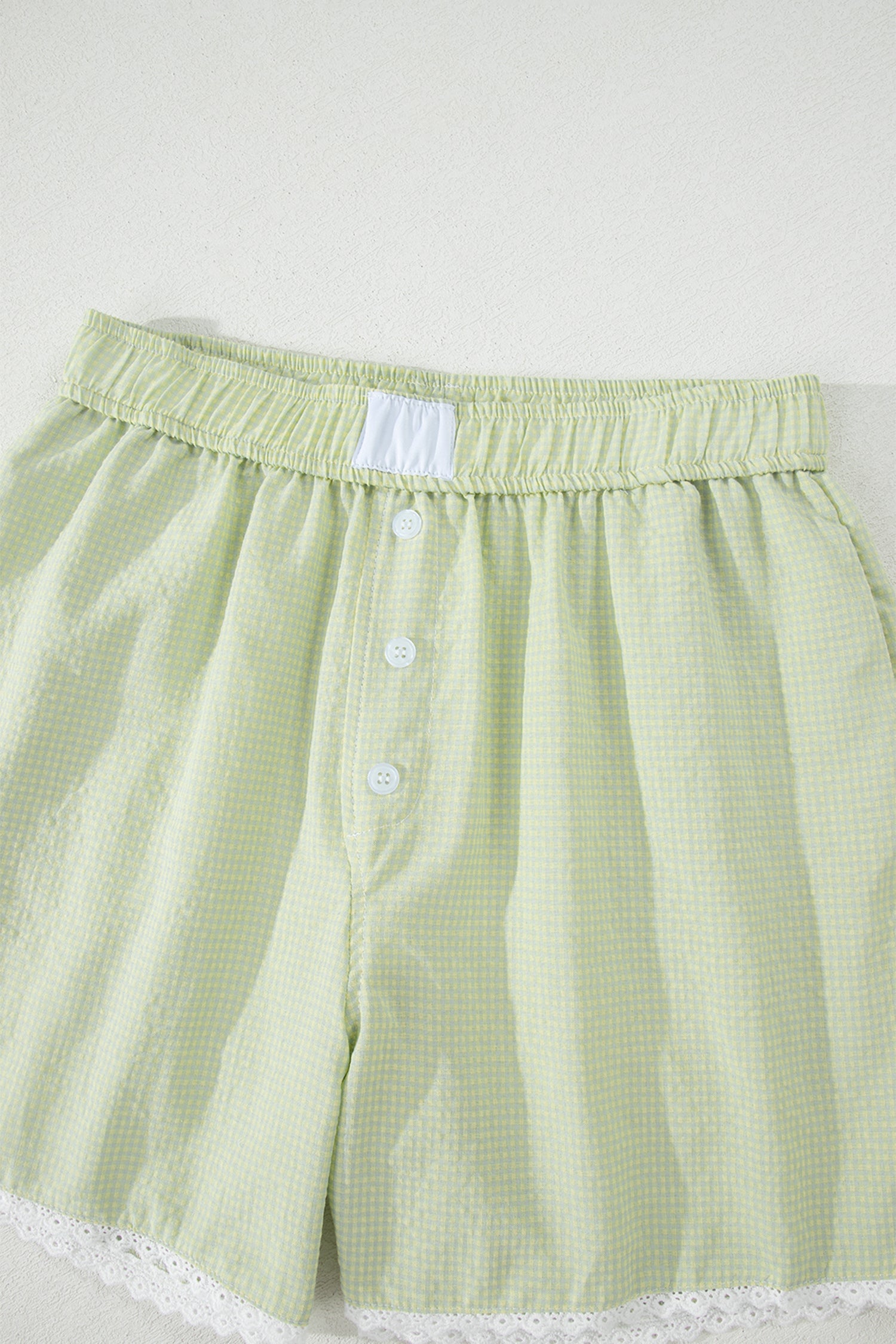 Green Gingham Plaid Button Detail Lace Trim Boxer Shorts
