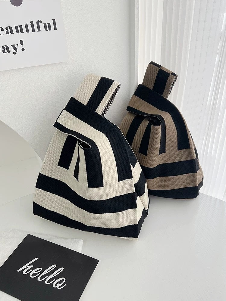 Women's Knit Tote Bag - Urban Minimalist Striped Handbag with Multiple Pockets