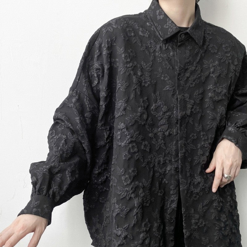 Embossed Pleated Long Sleeve Shirt in Solid Color