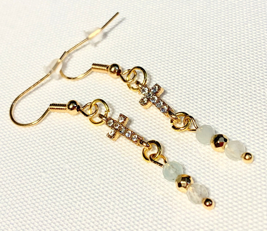 Arista Handmade Aquamarine Dangle Earrings With Rhinestone Cross Pendants
