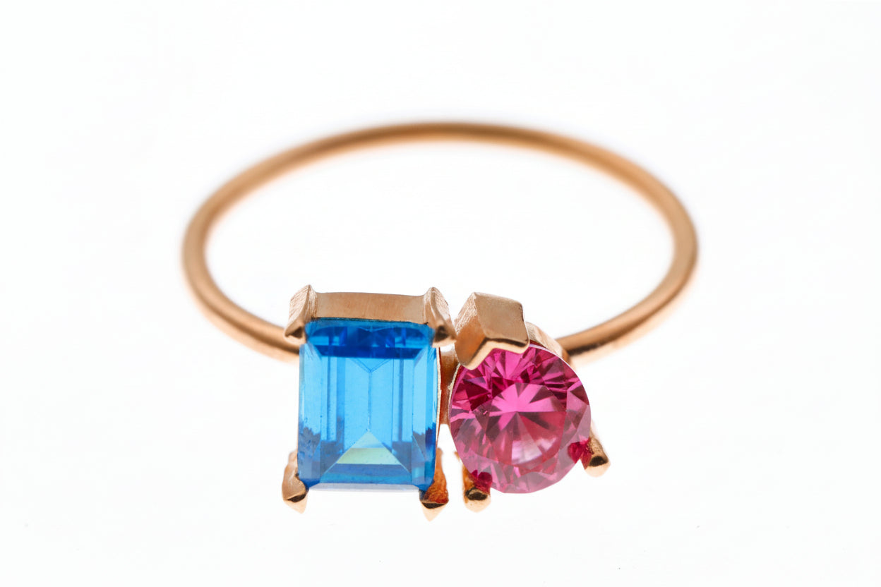 Toi Et Moi Double Birthstone Ring - Sterling Silver Heart & Baguette Design