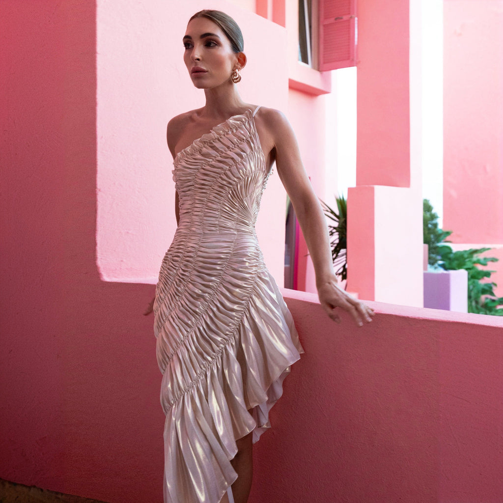 Belissa Silver Pleated Asymmetric Midi Dress