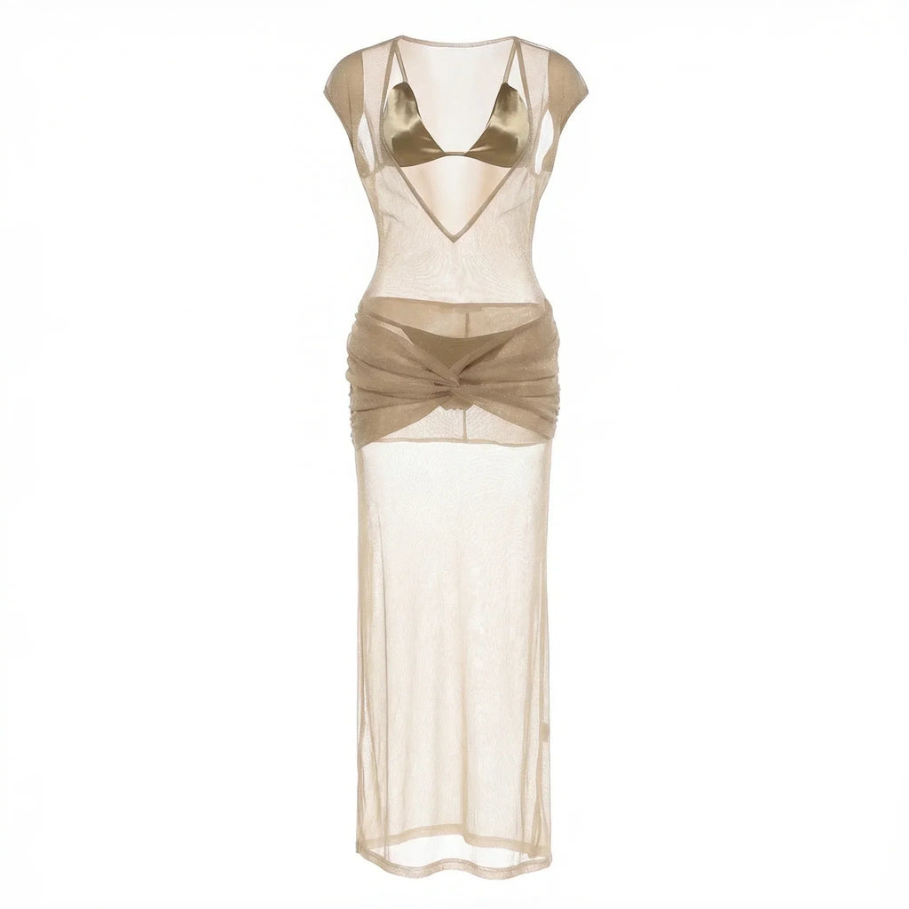 Bronztique Gold Sheer Maxi Dress With Matching Bra & Panty