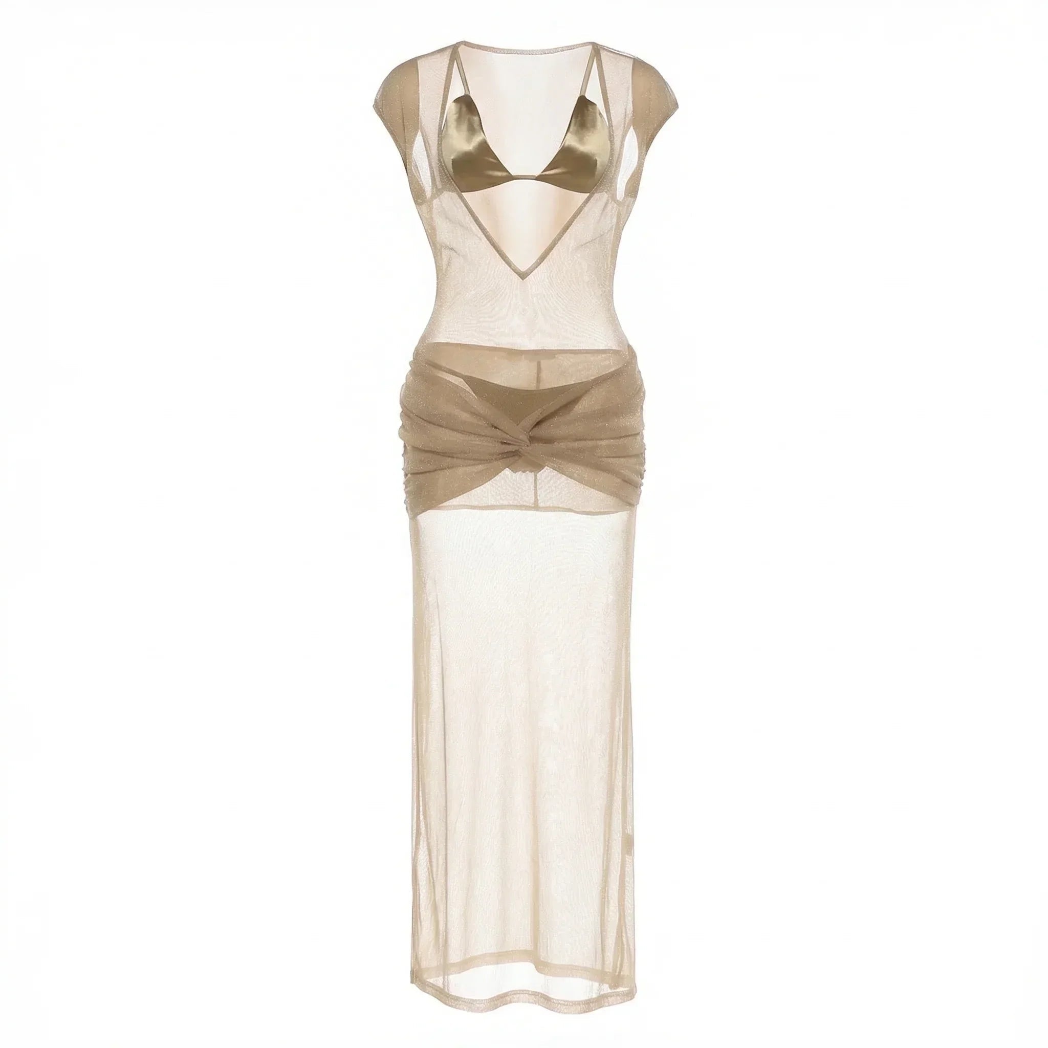 Bronztique Gold Sheer Maxi Dress With Matching Bra & Panty