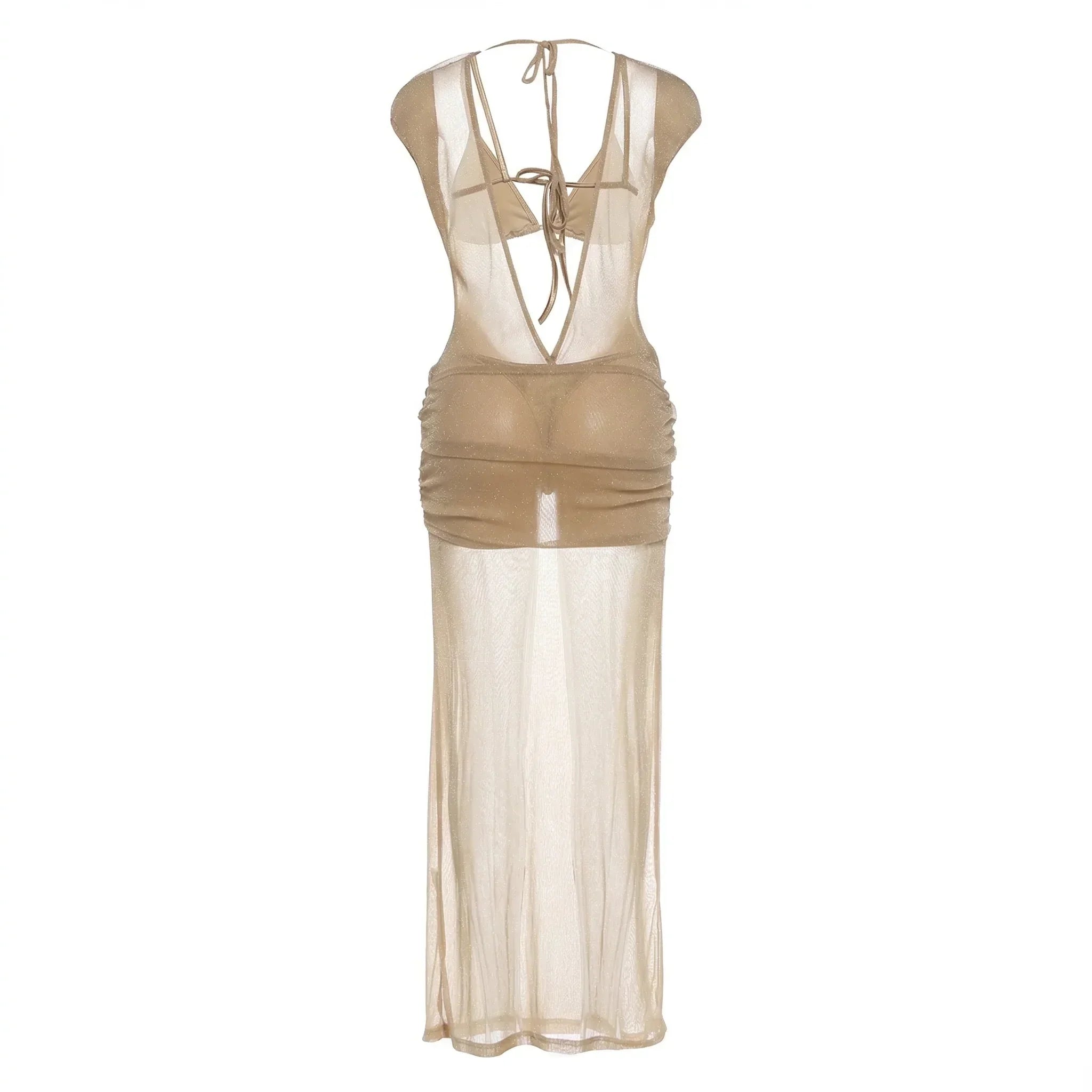 Bronztique Gold Sheer Maxi Dress With Matching Bra & Panty
