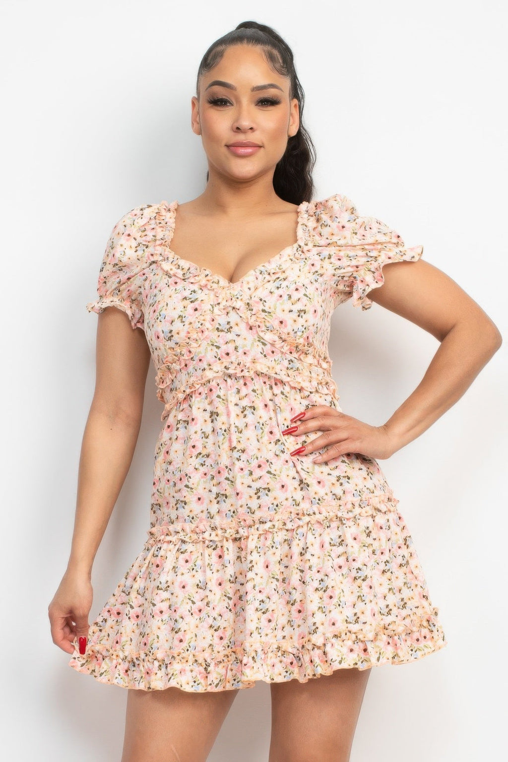 Ruffled Floral Puff Sleeve Dress