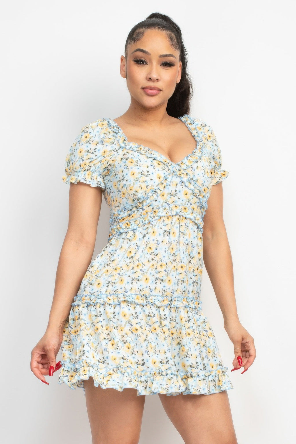 Ruffled Floral Puff Sleeve Dress