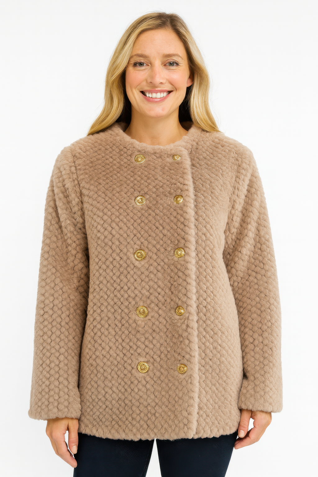 Textured Double-breasted Faux Shearling Jacket
