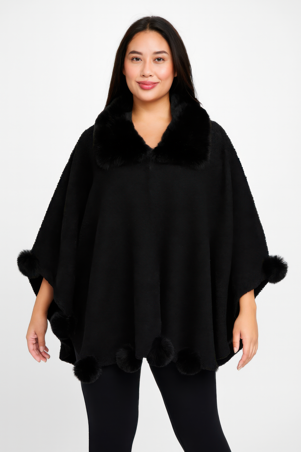 Trim Cape With Faux Fur Collar