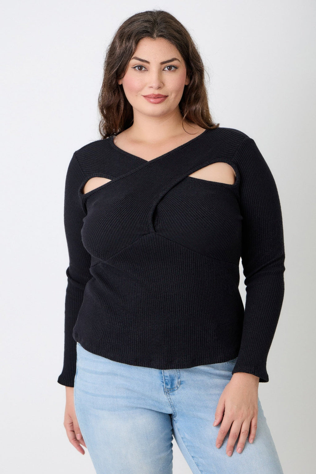 Plus Size Black Ribbed Cutout Long Sleeve Top