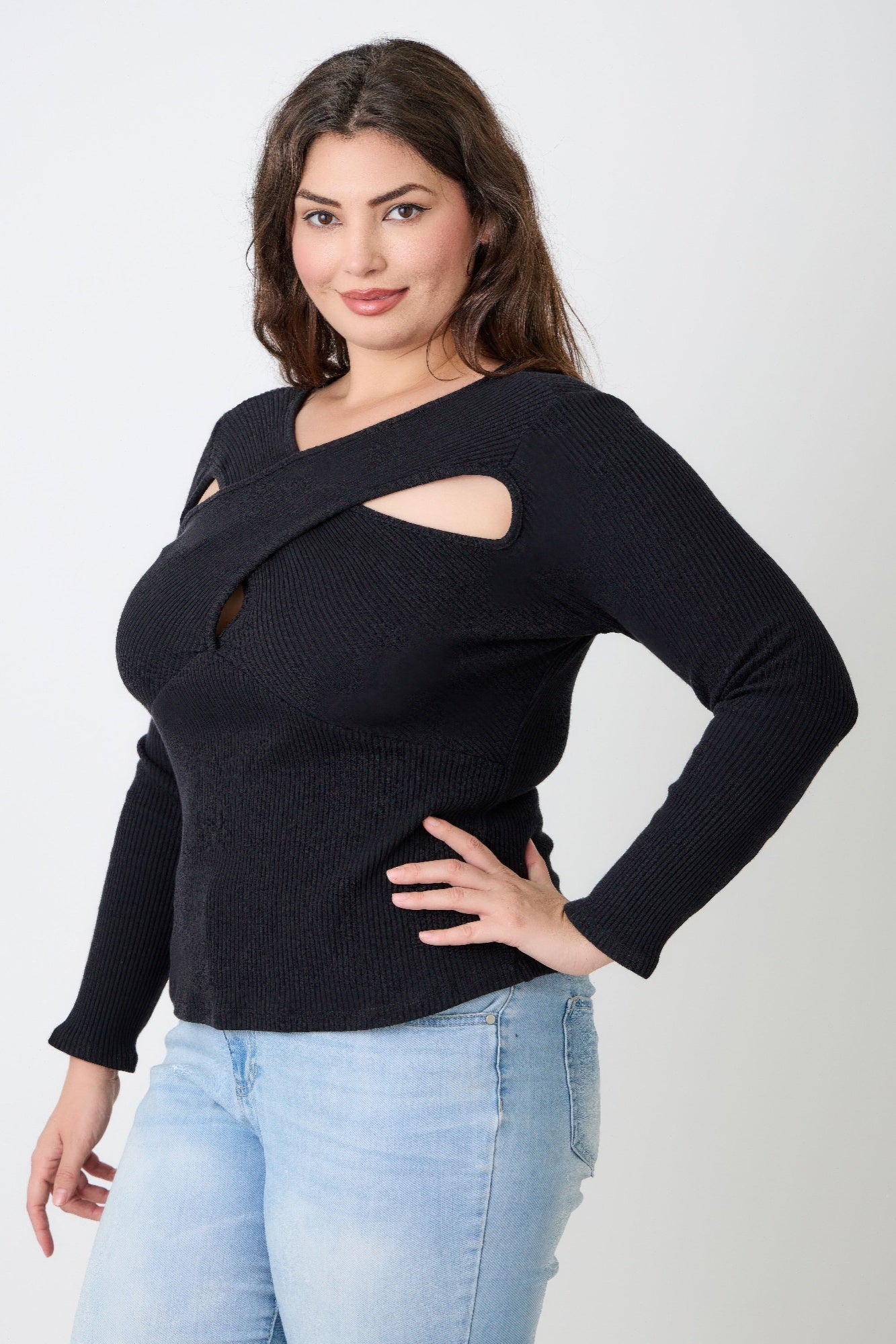 Plus Size Black Ribbed Cutout Long Sleeve Top