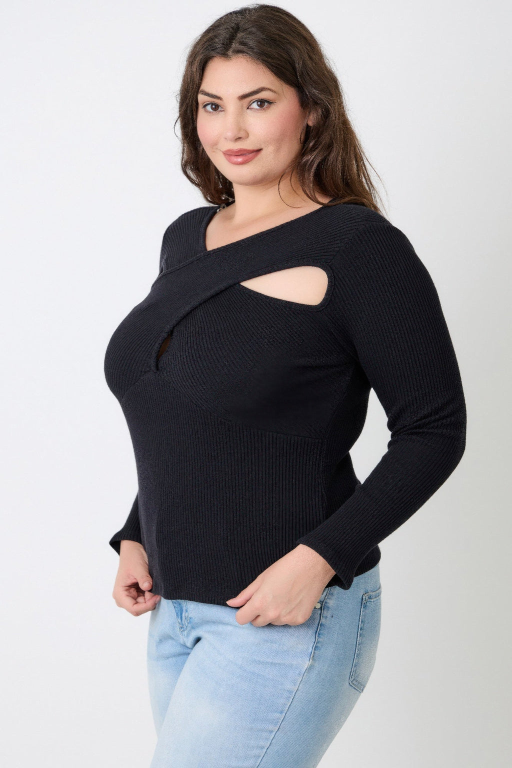 Plus Size Black Ribbed Cutout Long Sleeve Top