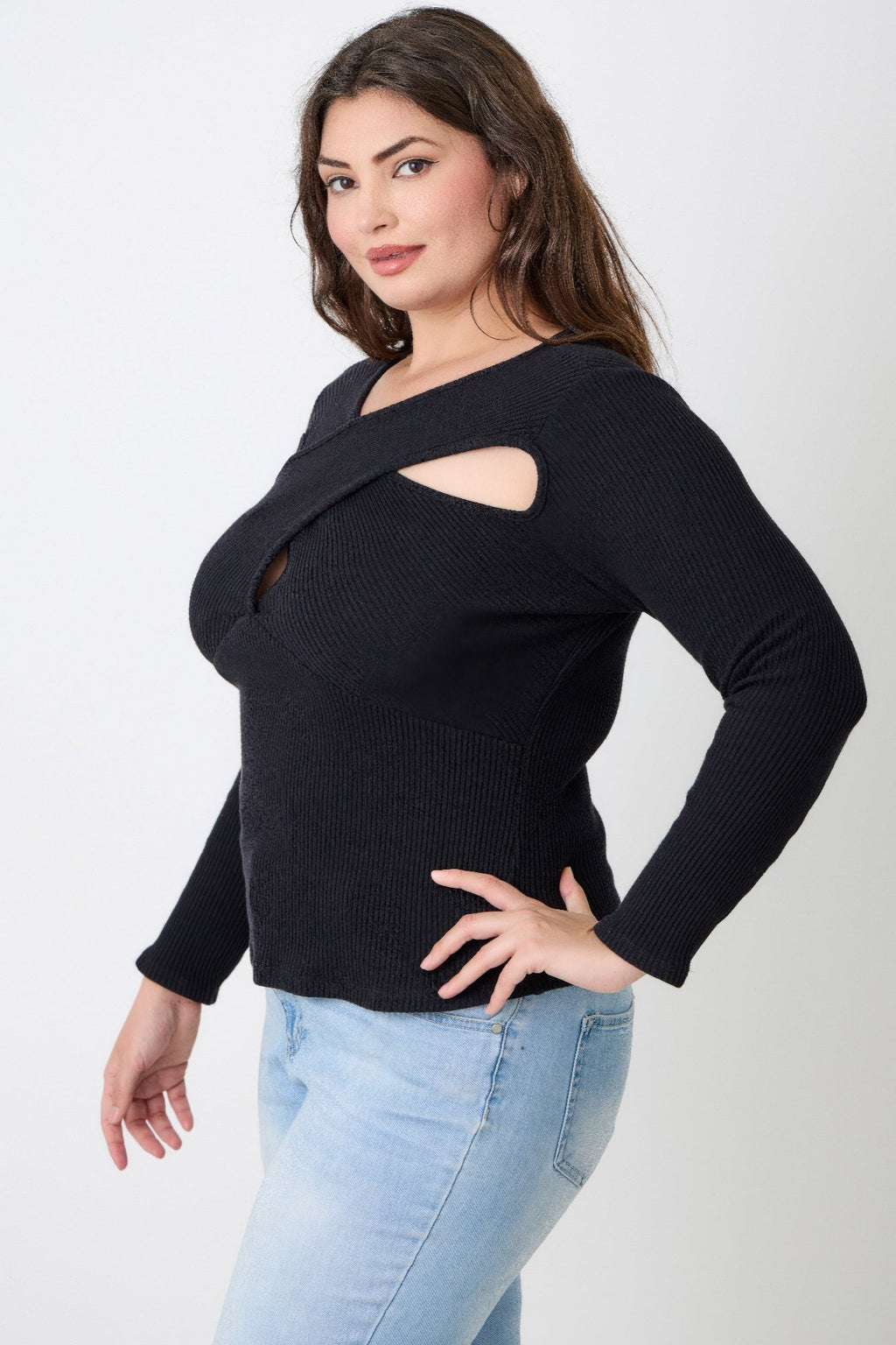 Plus Size Black Ribbed Cutout Long Sleeve Top