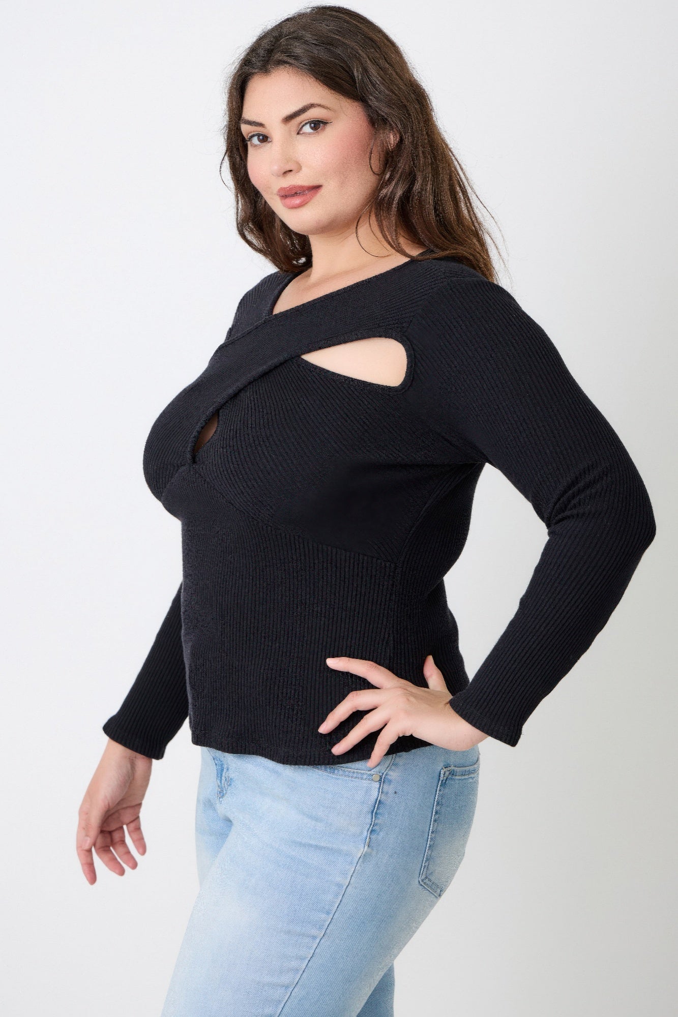 Plus Size Black Ribbed Cutout Long Sleeve Top