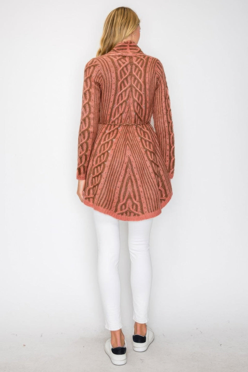 Open Wool Cardigan With Belt String & Front Pocket