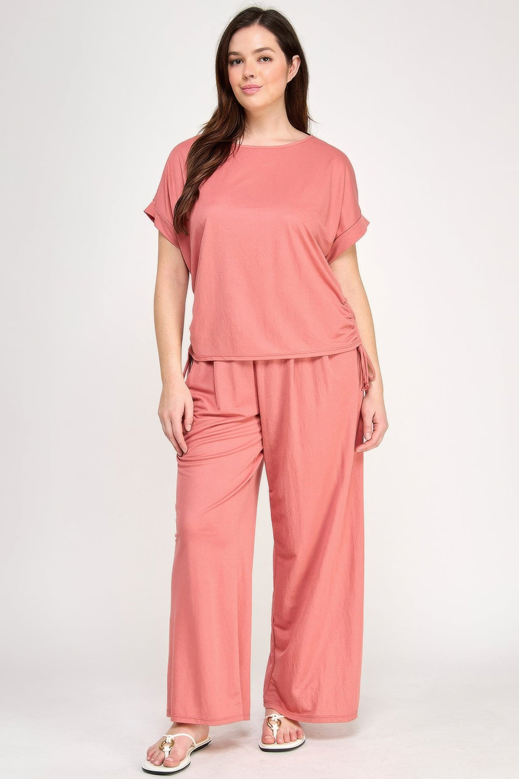 Plus Size Knit Linen Dolman Ruched Top